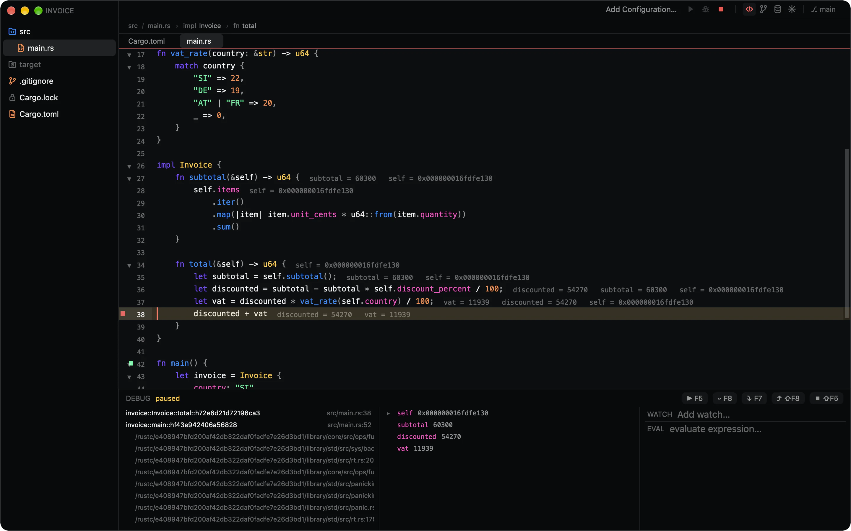 Kami paused at a breakpoint in a Rust program, with variable values inline in the editor and the call stack and variables below.